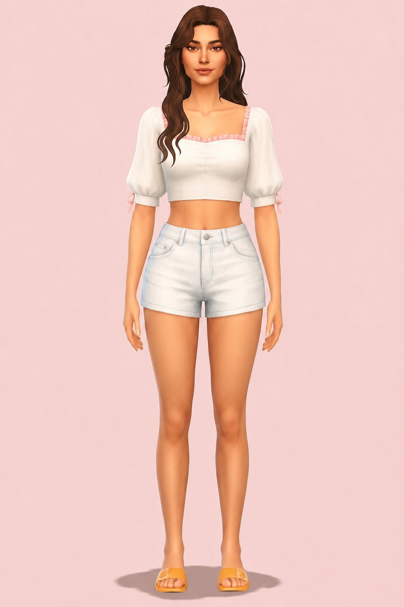 Puff-sleeve crop top & A-line skirt custom content (CC) for Sims 4 by miikocc