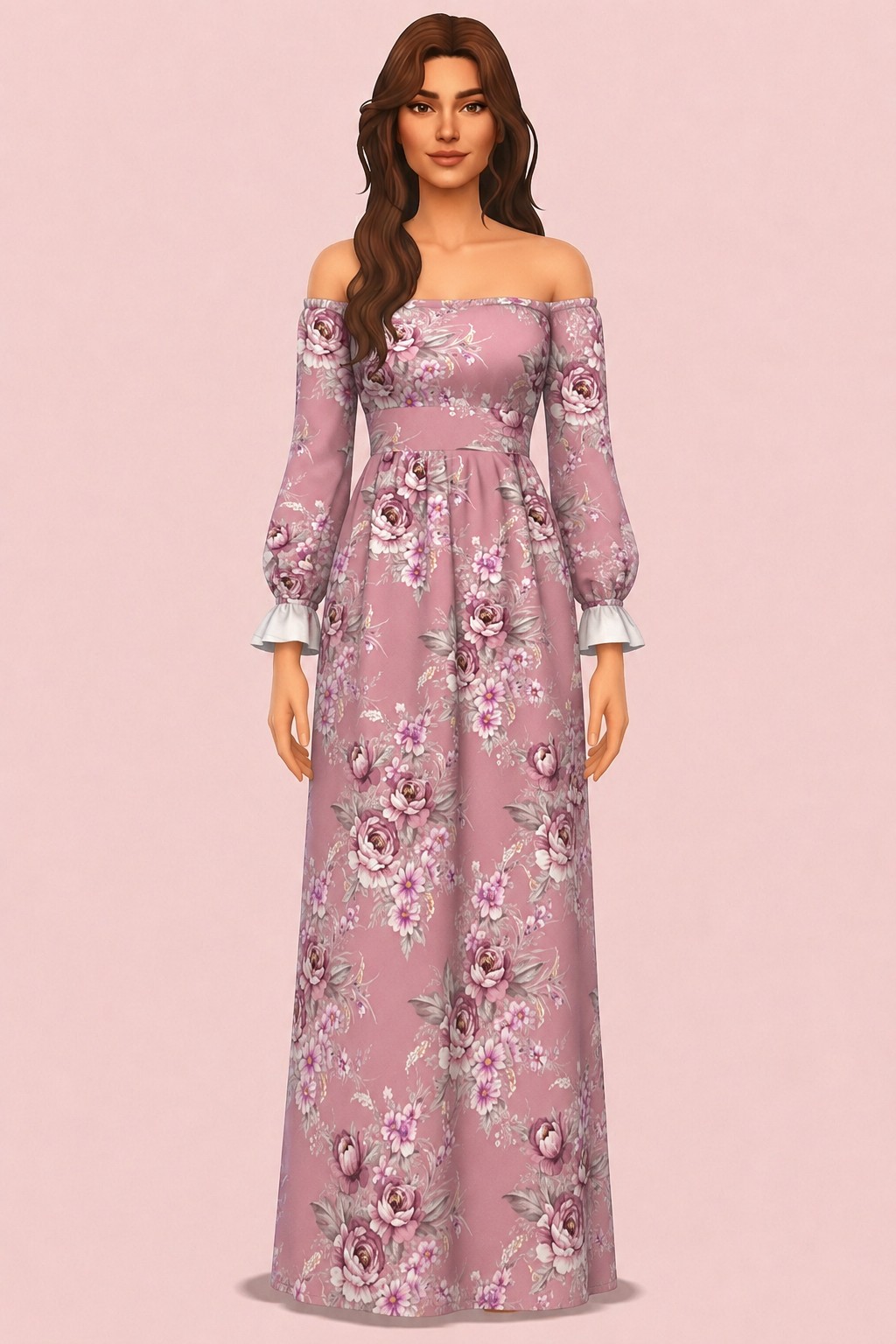 Off-shoulder Long Dress custom content (CC) for Sims 4 by RIMINGs