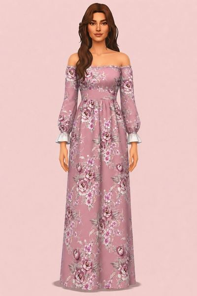 Off-shoulder Long Dress custom content (CC) for Sims 4 by RIMINGs