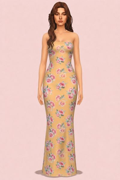 Strapless Patternd Maxi Dress custom content (CC) for Sims 4 by RIMINGs