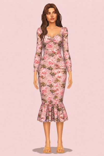 Feminine Midi Dress - Puff Flower Dress custom content (CC) for Sims 4 by RIMINGs