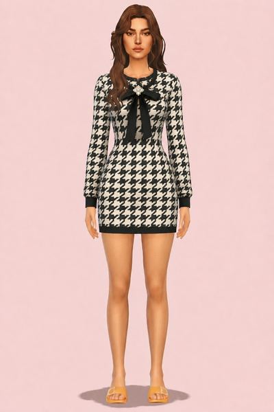 Ribbon Cucib Brooch & Tweed Dress custom content (CC) for Sims 4 by RIMINGs