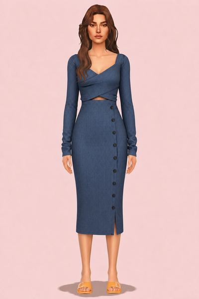 [RIMINGS] Ribbed V-neck Midi Dress custom content (CC) for Sims 4 by RIMINGs